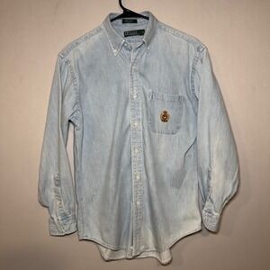 Polo Ralph Lauren Button Down Shirt Teen Lg Blue Denim Chambray Crest USA Cotton